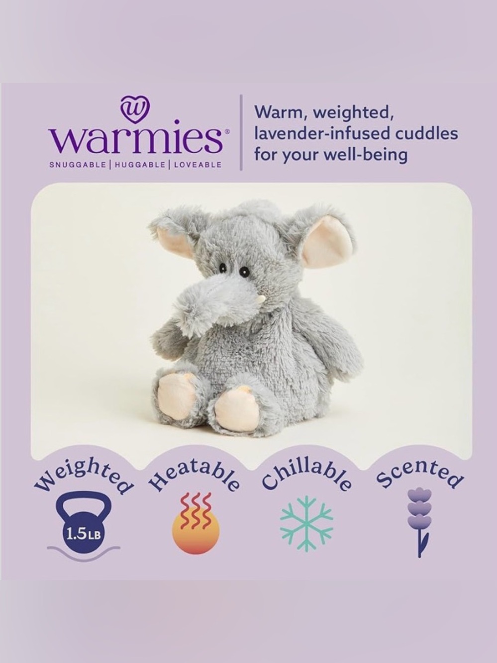 Warmies Microwavable & Weighted Stuffed Animals, Gray Elephant Comfort Plush Pet